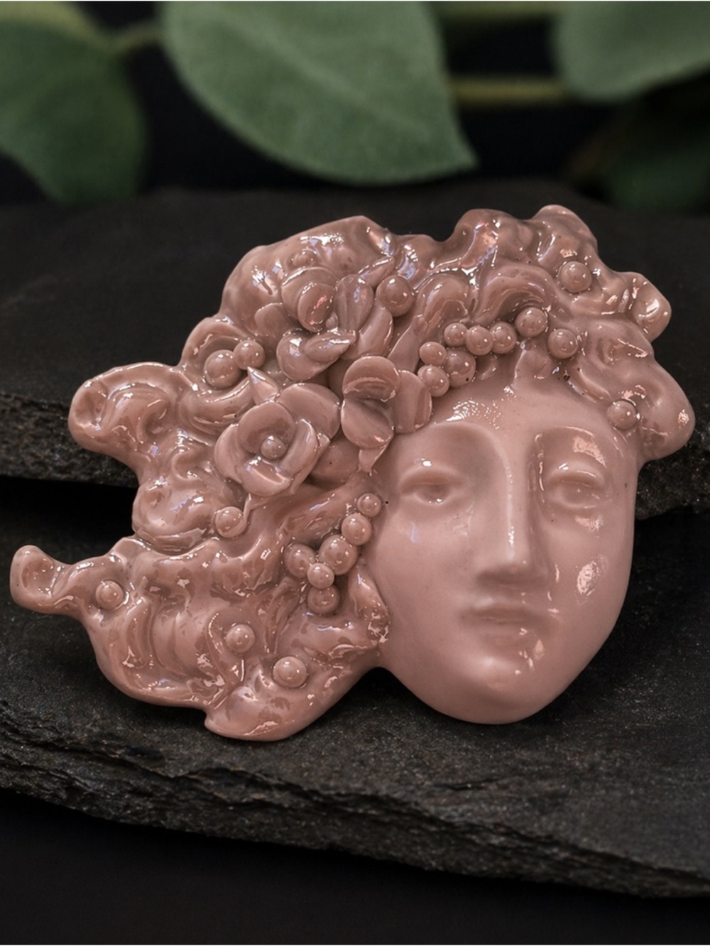 Handmade Iridescent Glazed Ceramic Tree Goddess Brooch – Art Nouveau Style Face